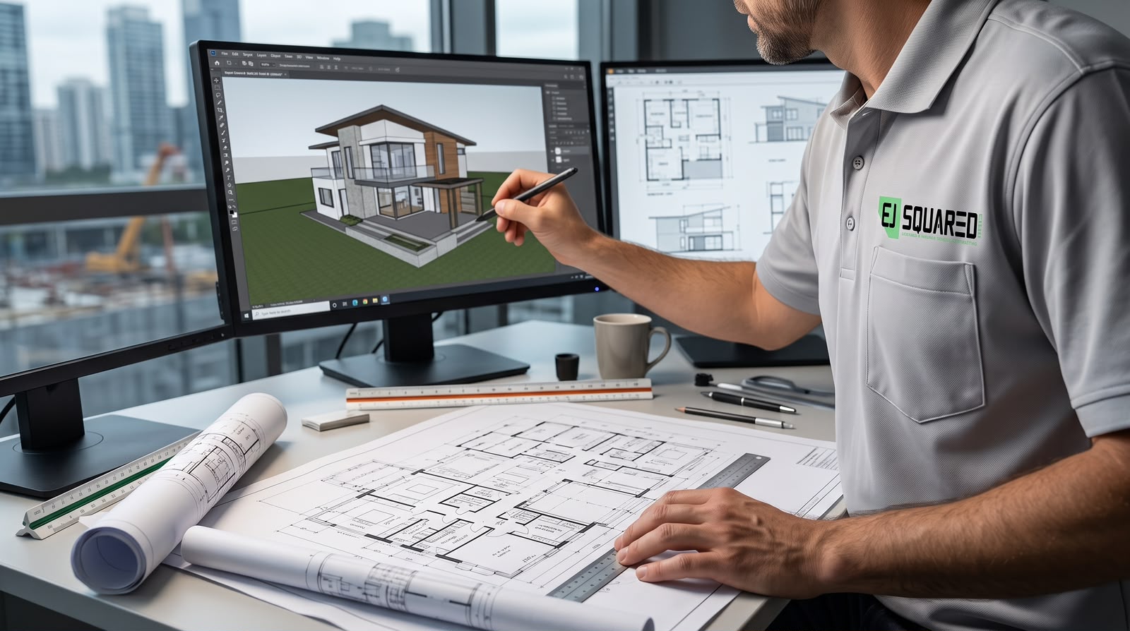 EJ Squared design and construction planning with architectural drawings and 3D building visualization
